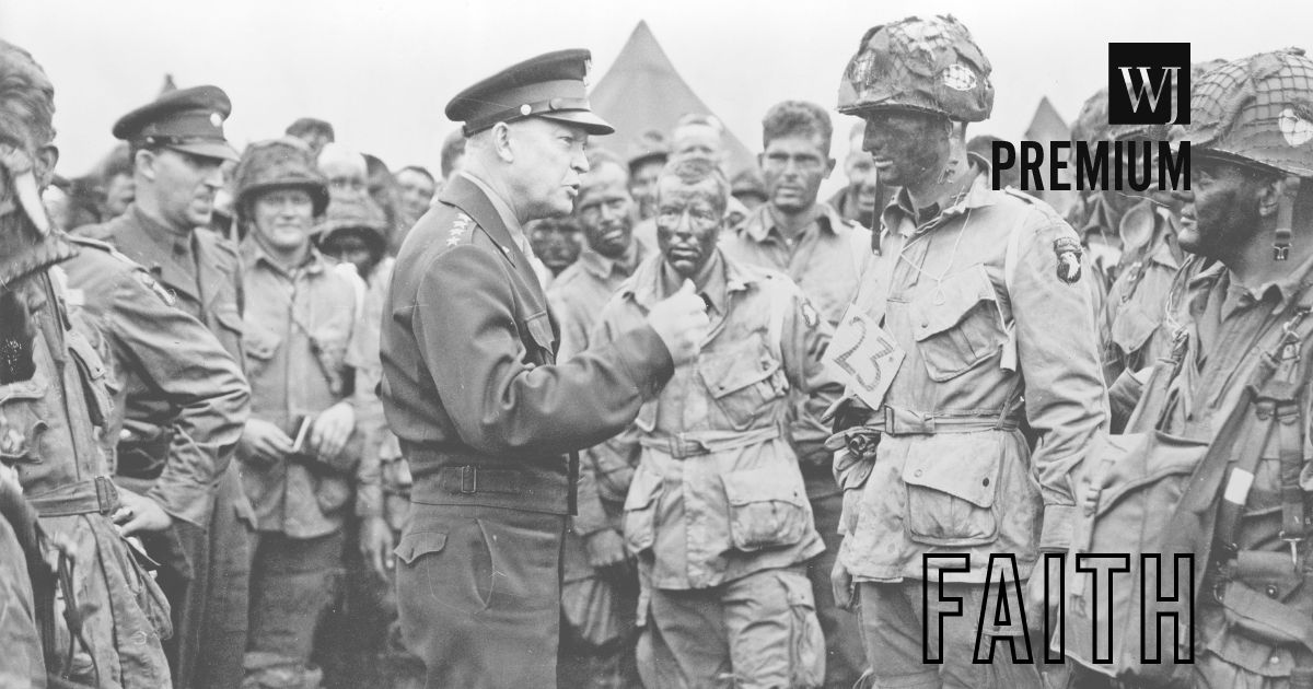 Gen. Dwight D. Eisenhower addresses American paratroopers prior to D-Day at Greenham Common Airfield in England about 8:30 p.m. on June 5, 1944.