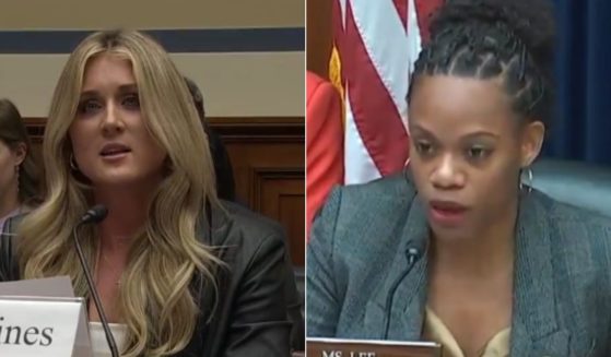 Former NCAA athlete Riley Gaines, left, testified in front of the House Oversight Committee on Health Care and Financial Services on Tuesday, and exchanged words with Rep. Summer Lee, right.