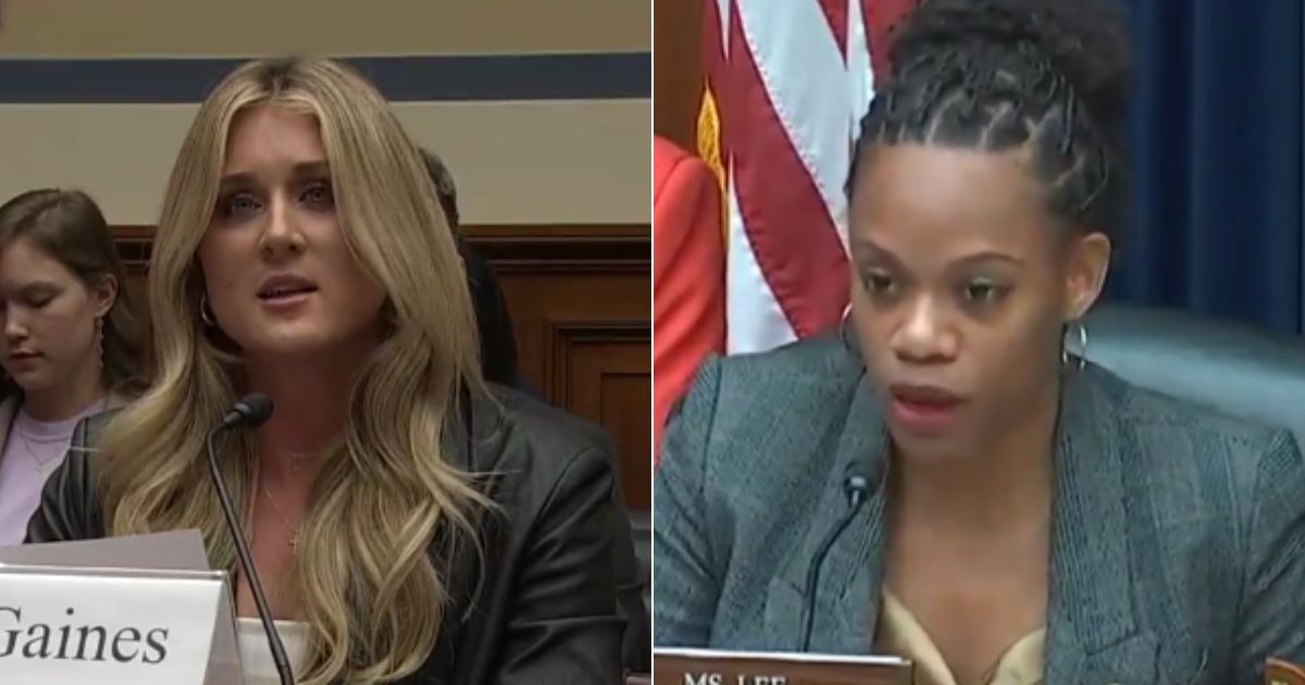 Former NCAA athlete Riley Gaines, left, testified in front of the House Oversight Committee on Health Care and Financial Services on Tuesday, and exchanged words with Rep. Summer Lee, right.