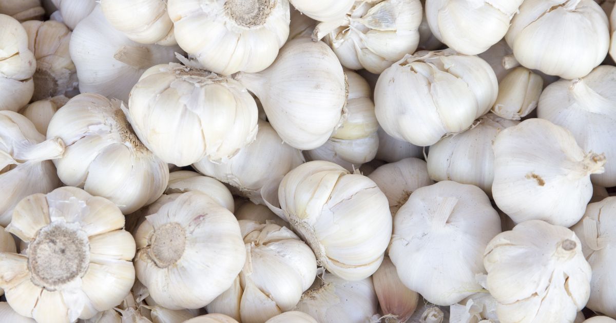 A stock photo shows a pile of white garlic.