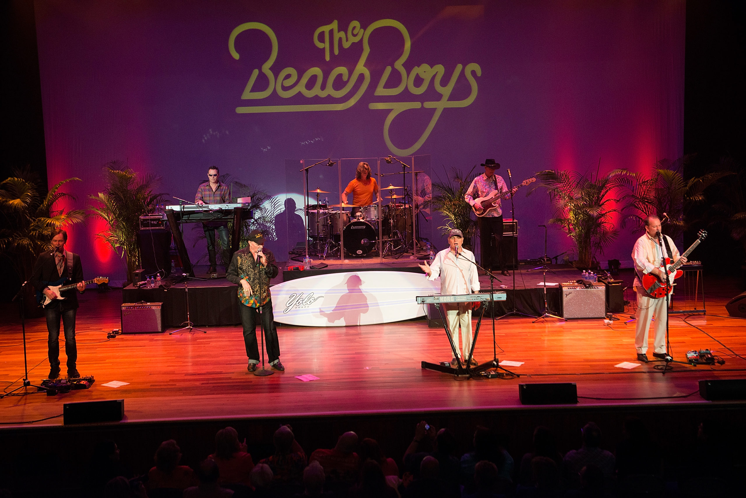 Scott Totten, Tim Bonhomme, Mike Love, John Cowsill, Bruce Johnston, Randell Kirsch, and Jeffery Foskett of The Beach Boys play at Ryman Auditorium on March 22, 2015, in Nashville, Tennessee.
