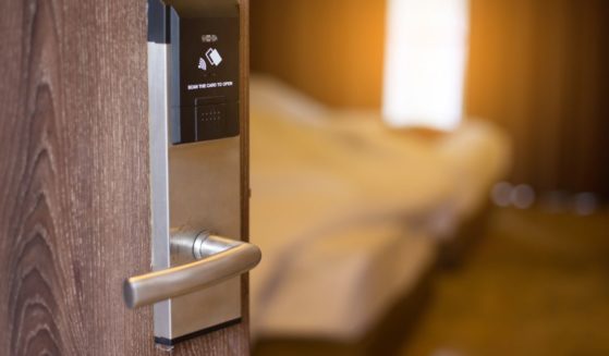 An undated stock photo shows a hotel door with a smart key lock system.