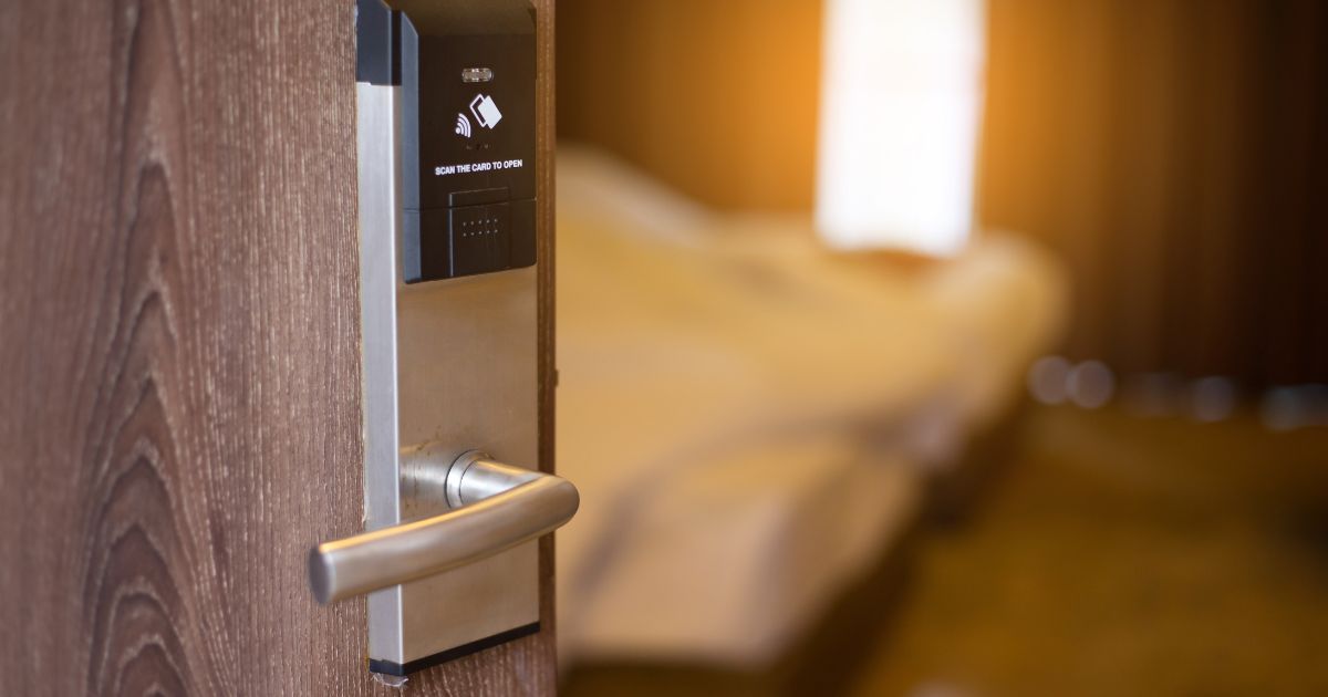 An undated stock photo shows a hotel door with a smart key lock system.