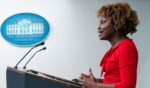 White House press secretary Karine Jean-Pierre speaks during a press briefing at the White House in Washington on Thursday. The White House unveiled a new lectern in the James S. Brady Press Briefing Room.
