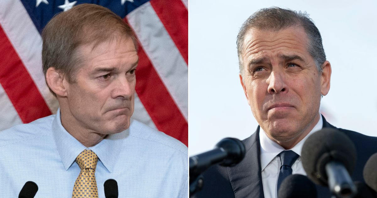At left, Republican Rep. Jim Jordan of Ohio, House Judiciary Committee chairman, meets with reporters at the Capitol in Washington on Oct. 20. At right, Hunter Biden, son of President Joe Biden, speaks during a news conference outside the Capitol on Wednesday.