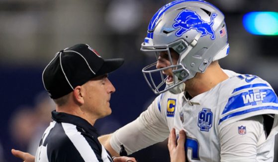Jared Goff of the Detroit Lions argues a call with field judge Nate Jones during the fourth quarter in Saturday night's game at AT&T Stadium in Dallas.