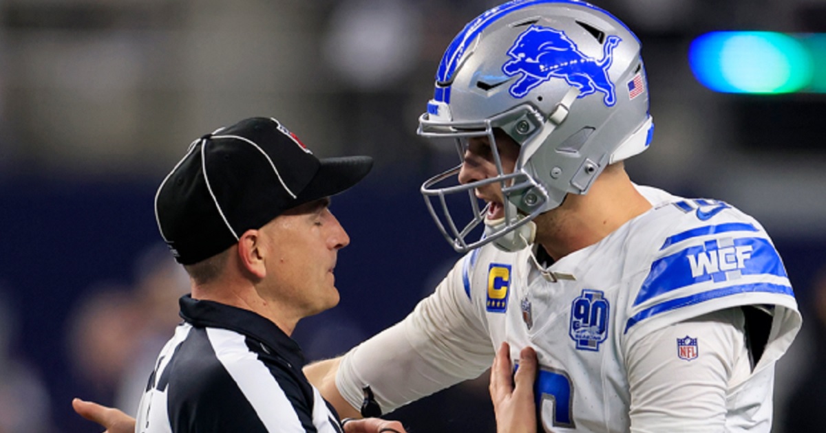 Jared Goff of the Detroit Lions argues a call with field judge Nate Jones during the fourth quarter in Saturday night's game at AT&T Stadium in Dallas.