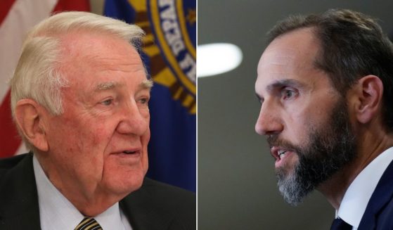At left, former U.S. Attorney General Edwin Meese speaks during a news conference at FBI headquarters in Washington on March 25, 2015. At right, special counsel Jack Smith delivers remarks on a recently unsealed indictment alleging four felony counts against former President Donald Trump at the Department of Justice in Washington on Aug. 1.
