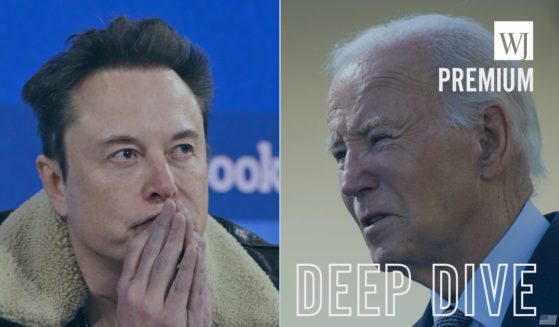 At left, Elon Musk speaks onstage during The New York Times' Dealbook Summit in New York City on Nov. 29. At right, President Joe Biden speaks in the Rose Garden of the White House in Washington on Oct. 11.