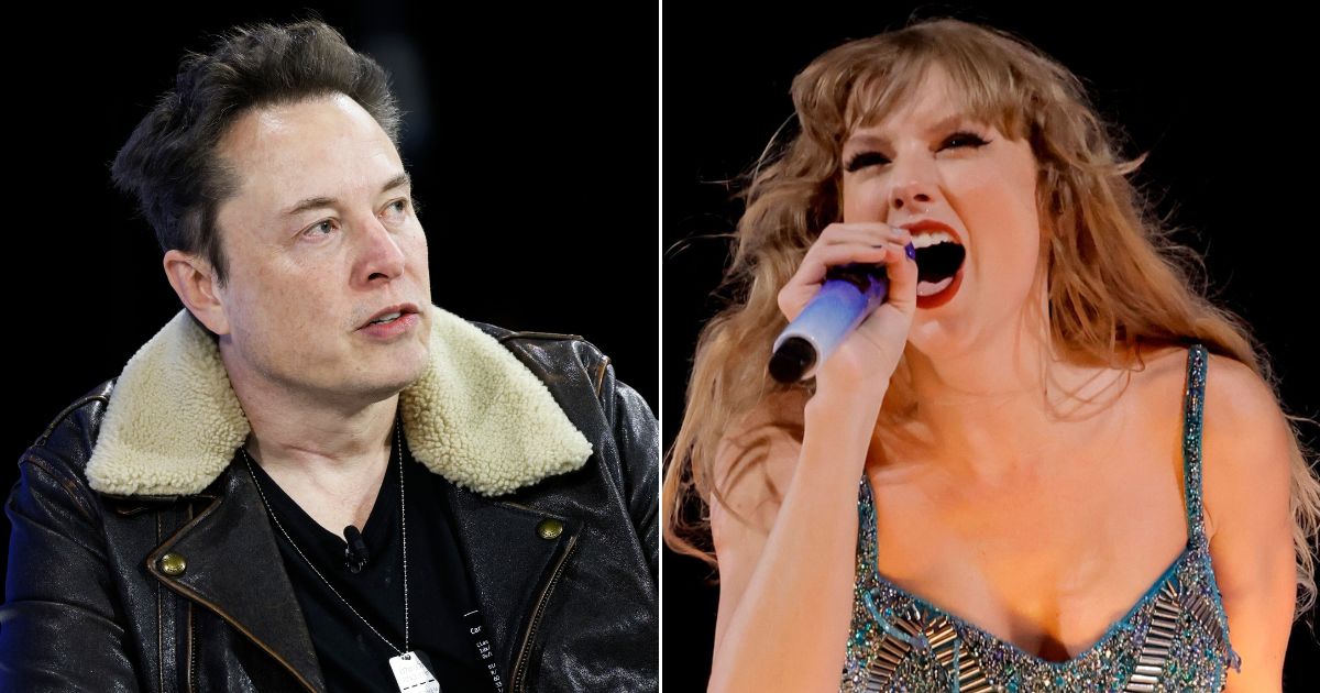 At left, Elon Musk speaks during The New York Times' annual DealBook summit in New York City on Nov. 29. At right, Taylor Swift performs onstage at SoFi Stadium in Inglewood, California, on Aug. 9.