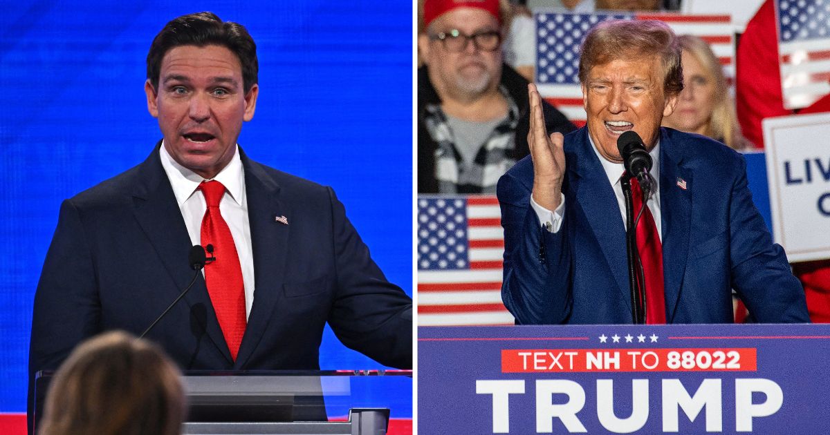 Florida Gov. Ron DeSantis speaks during the fourth Republican presidential primary debate in Tuscaloosa, Alabama, on Dec. 6. Former President Donald Trump speaks during a campaign rally in Durham, New Hampshire, on Saturday.