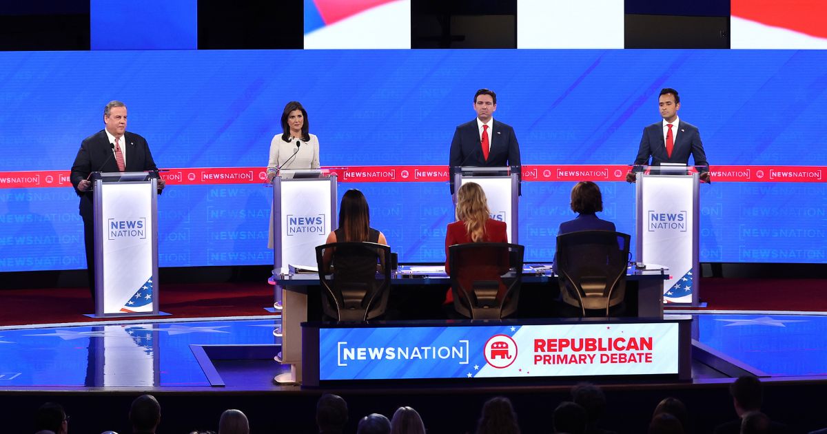 Republican presidential candidates, from left, former New Jersey Gov. Chris Christie, former U.N. Ambassador Nikki Haley, Florida Gov. Ron DeSantis and Vivek Ramaswamy participate in the NewsNation primary debate at the University of Alabama Moody Music Hall in Tuscaloosa on Dec. 6.