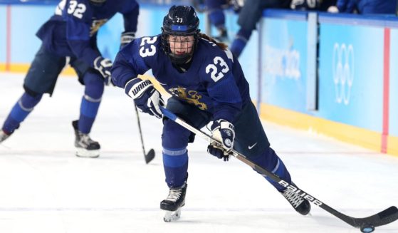 Sanni Hakala of Finland skates against Japan in the third period of a women's ice hockey quarterfinal match at the 2022 Beijing Winter Olympic Games on Feb. 12, 2022, in Beijing.