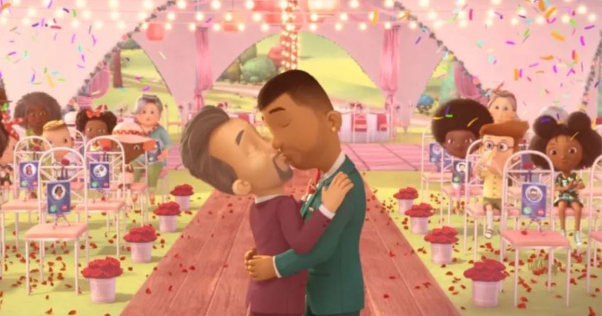 A still image from the animated show "Ada Twist, Scientist," shows two men kissing at their wedding, in front of a room filled with children.