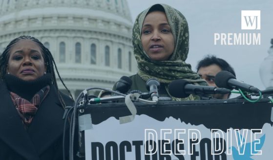 Democratic "squad" members Rep. Cori Bush of Missouri, left, and Rep. Ilhan Omar of Minnesota speak at a press conference on the Israel-Hamas war outside of the U.S. Capitol on Dec. 7 in Washington, D.C.