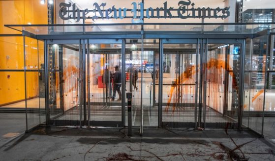 The vandalized New York Times building entrance