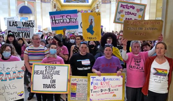 Protesters for transgender rights demonstrate outside the House chamber at the Oklahoma Capitol in Oklahoma City before the State of the State address on Feb. 6.