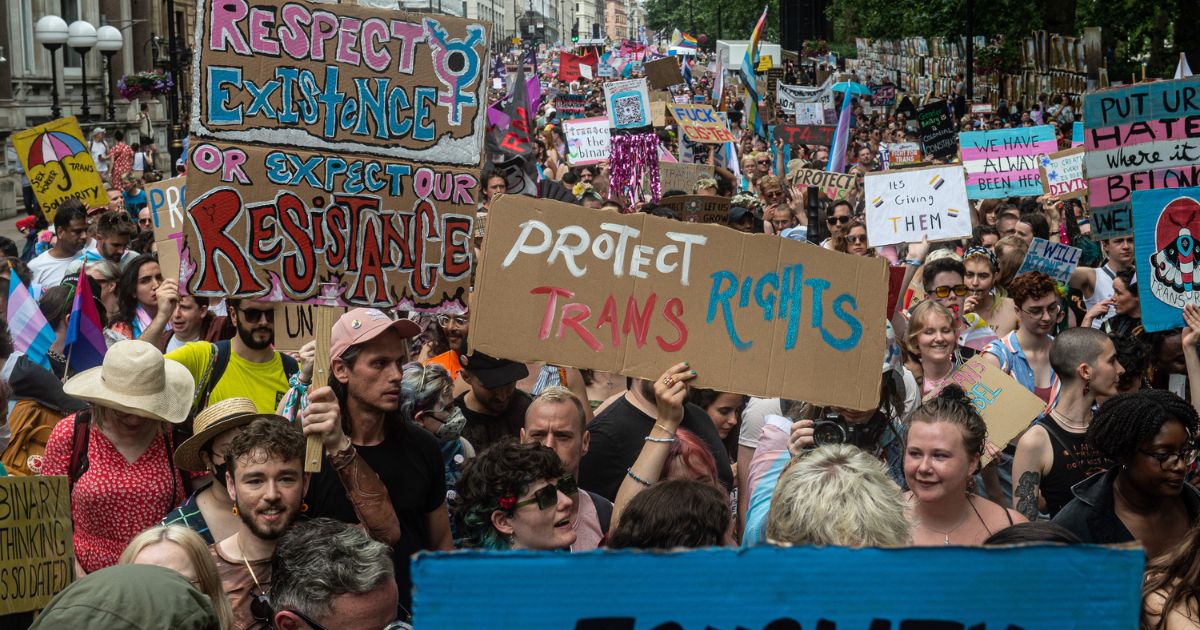 The London Trans Pride protest proceeds down Piccadilly on July 8, in London.