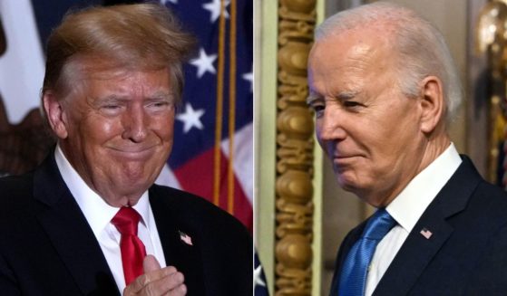 A new poll from Bloomberg shows that former President Donald Trump, left, is leading President Joe Biden, right, in seven swing states.