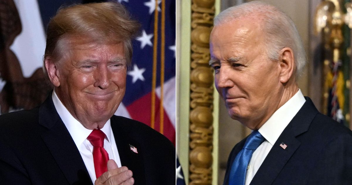 A new poll from Bloomberg shows that former President Donald Trump, left, is leading President Joe Biden, right, in seven swing states.