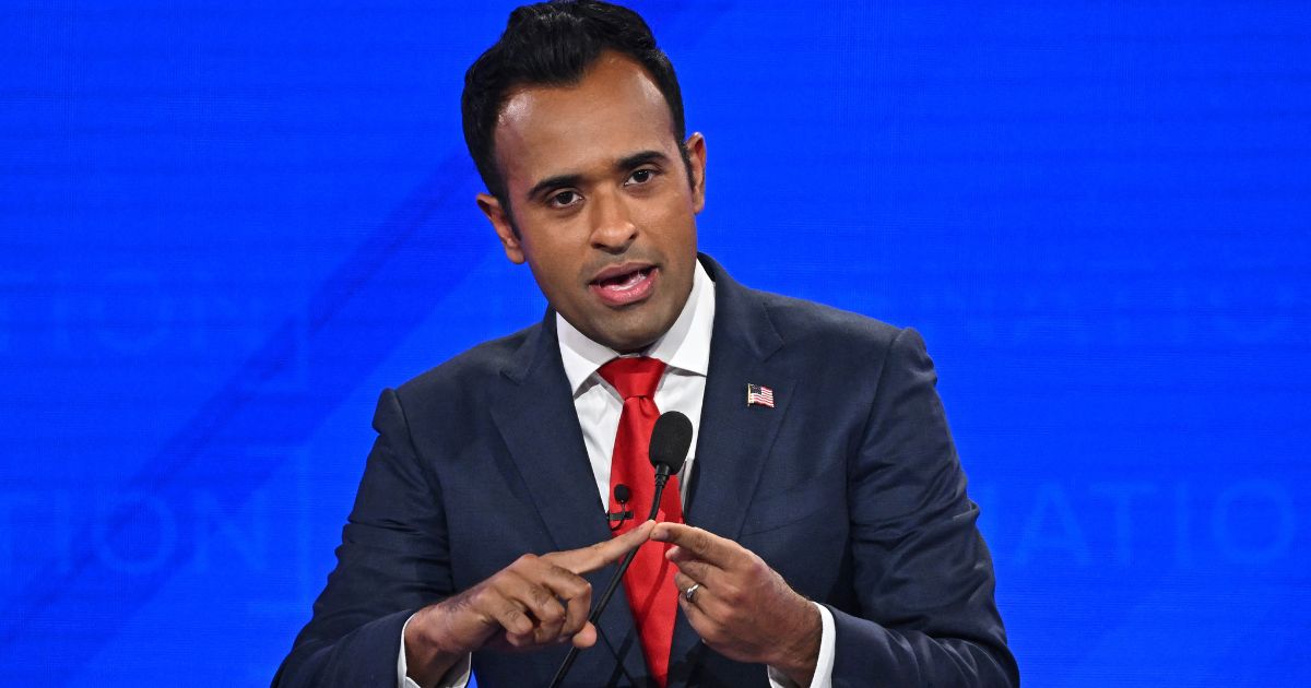 Vivek Ramaswamy gestures as he speaks during the fourth Republican presidential primary debate at the University of Alabama in Tuscaloosa, Alabama, on Wednesday.