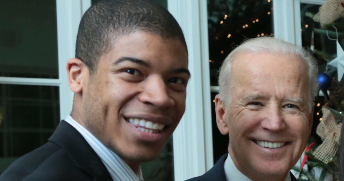 Will Pierce, left, poses with then-candidate Joe Biden in March 2020. In a recent op-ed, Pierce outlined why he no longer supports Biden and has moved away from the Democratic Party to join the Republicans.