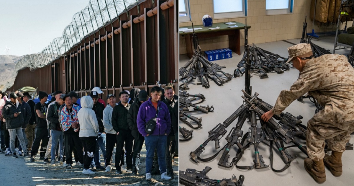 Left: Throngs of illegal aliens are detained at the border in Jacamba Hot Springs, California, in a Nov. 28, photo. Right, a newly minted Marine places his weapon in the barracks at Parris Island in a March 26 file photo.