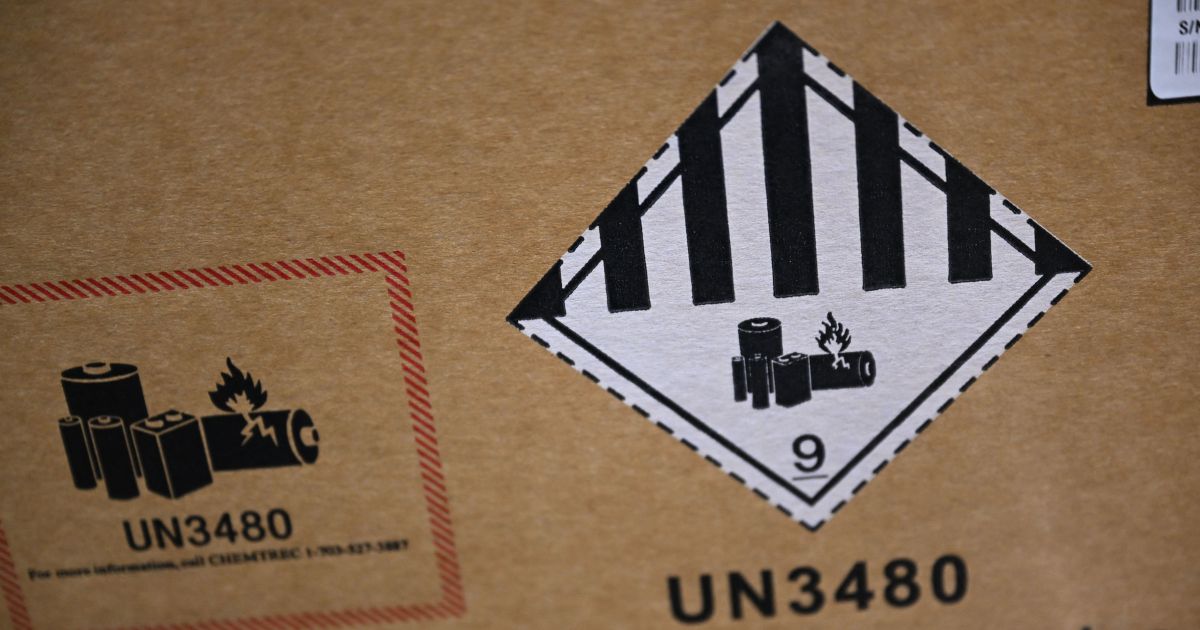 A UN3480 materials label symbol is displayed on a box containing lithium ion batteries to be installed in the AES Alamitos Battery Energy Storage System, which provides stored renewable energy to supply electricity during peak demand periods, in Long Beach, California on September 16, 2022.