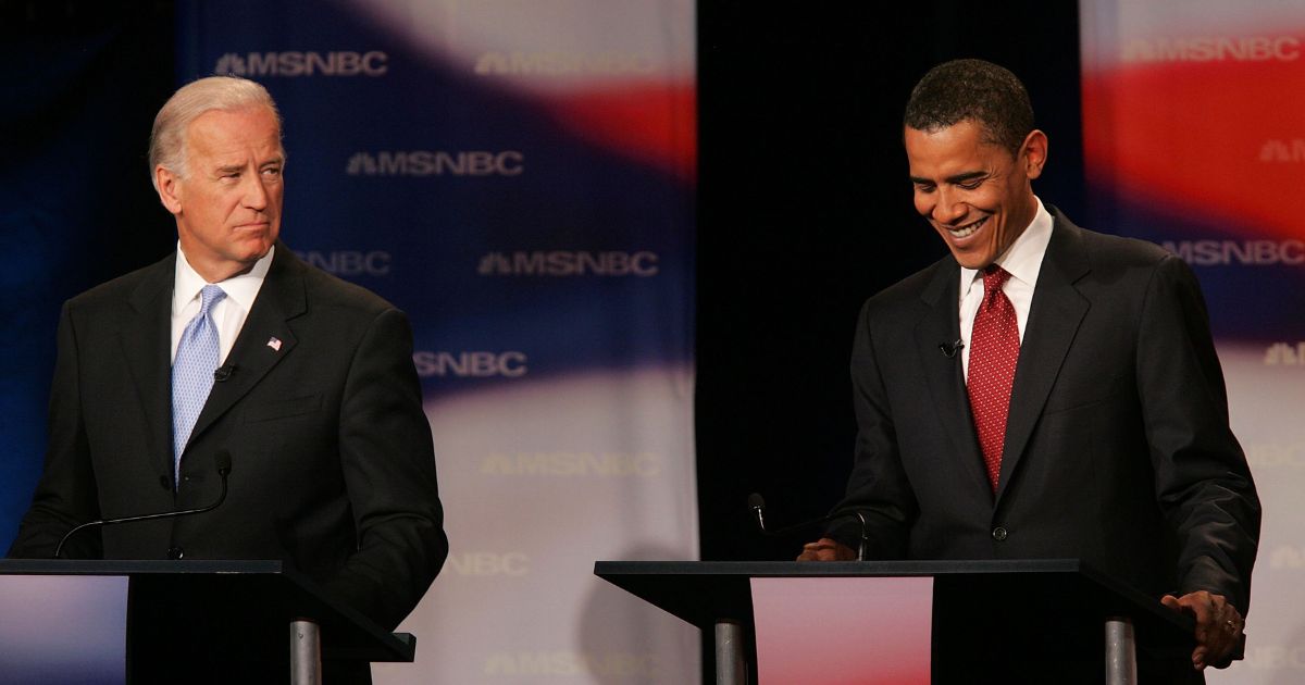 Barack Obama fields a question from NBC reporter Brian Williams as former Joe Biden looks on during the first debate of the 2008 presidential campaign April 26, 2007 at South Carolina State University in Orangeburg, South Carolina.