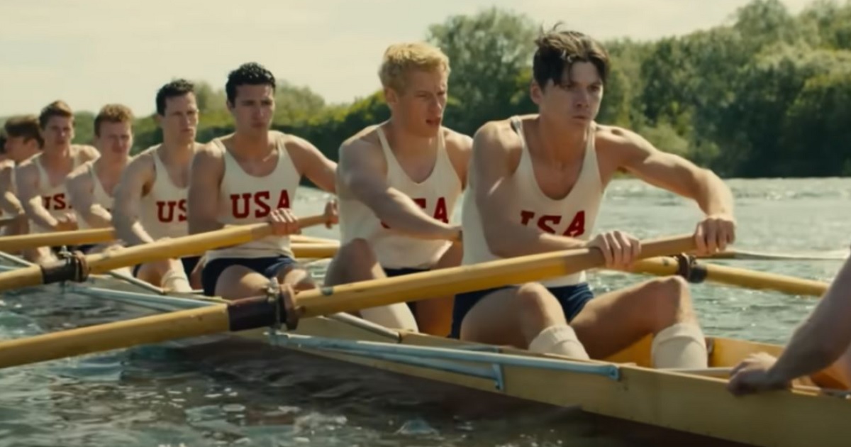 A rowing team competes in a scene from the trailelr of "The Boys in the Boat."