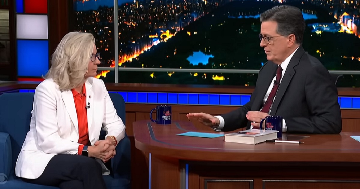 Former Rep. Liz Cheneytalks with host Stephen Colbert Monday on "The Late Show with Stephen Colbert."