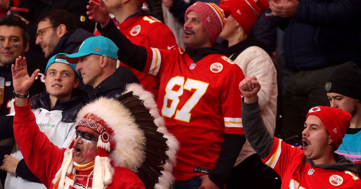 Kansas City Chiefs fans show their support in the second quarter during the NFL match between Miami Dolphins and Kansas City Chiefs at Deutsche Bank Park on November 5, 2023 in Frankfurt am Main, Germany.