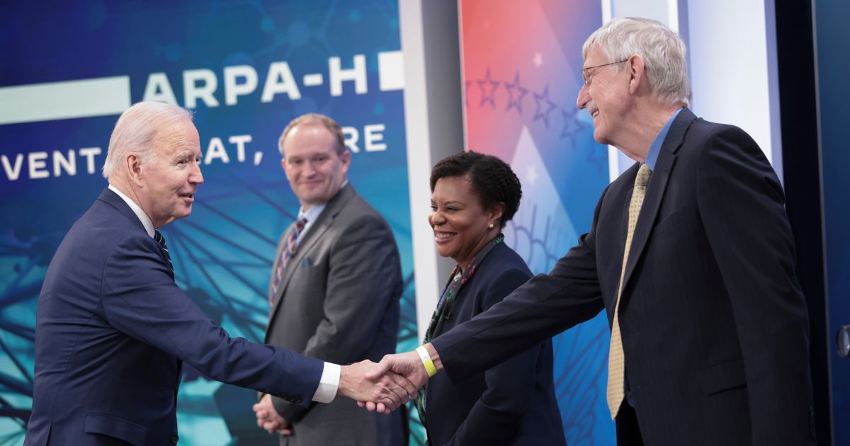 U.S. President Joe Biden greets panel participants before speaking about the new health research agency, ARPA-H, during an event at the White House complex March 18, 2022 in Washington, DC. Pictured (L-R) are Dr. Dustin Tyler, Haptix researcher at Case Western University; Dr. Alondra Nelson, Acting Director, Office of Science and Technology Policy; and Dr. Francis Collins, Science Advisor to the President.