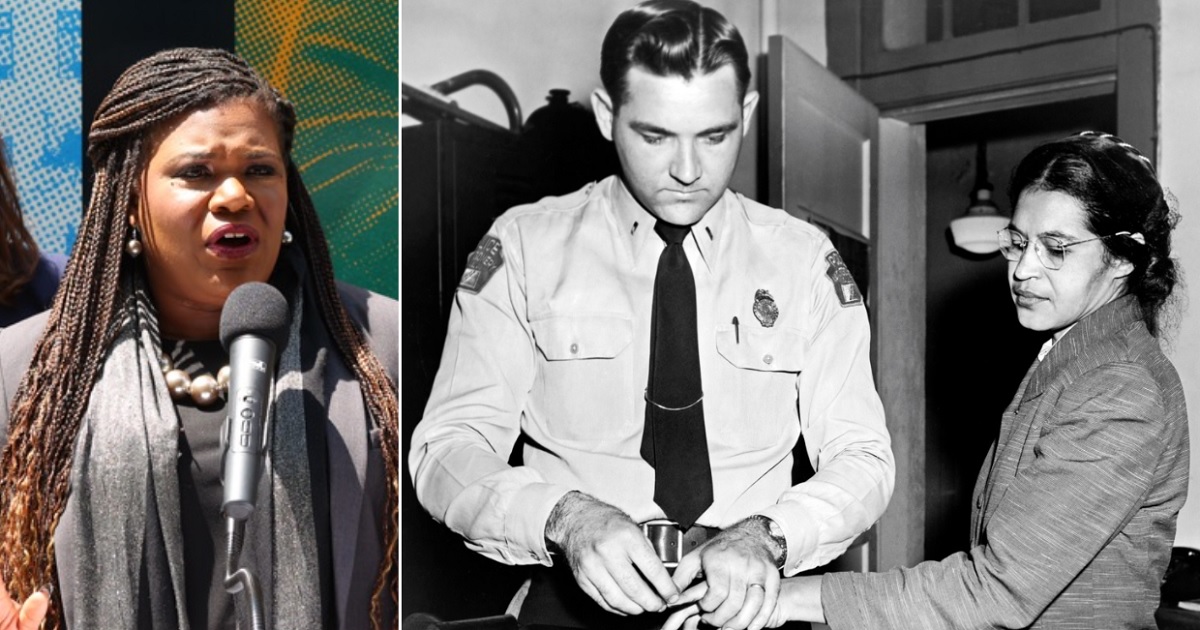 Rep. Cori Bush, left, is pictured in a file photo from a May 8 news conference; civil rights pioneer Rosa Parks, right, is fingerprinted after her historic arrest in Montgomery, Alabama, in 1955.
