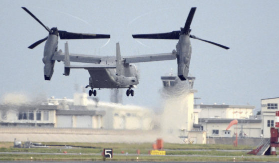 A U.S. military CV-22 Osprey takes off from Iwakuni base, Yamaguchi prefecture, western Japan, on July 4, 2018.