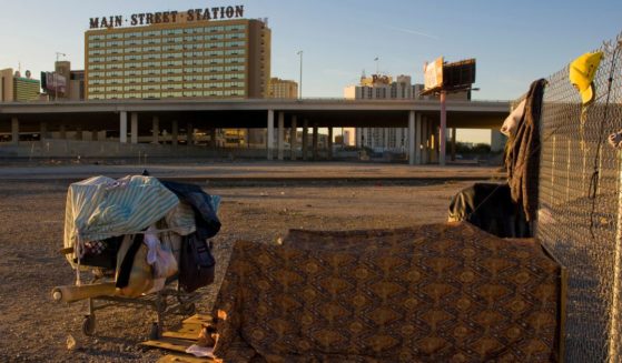 A downtown homeless encampment is a short distance from the Main Stree Station casino on December 25, 2011 in Las Vegas, Nevada.