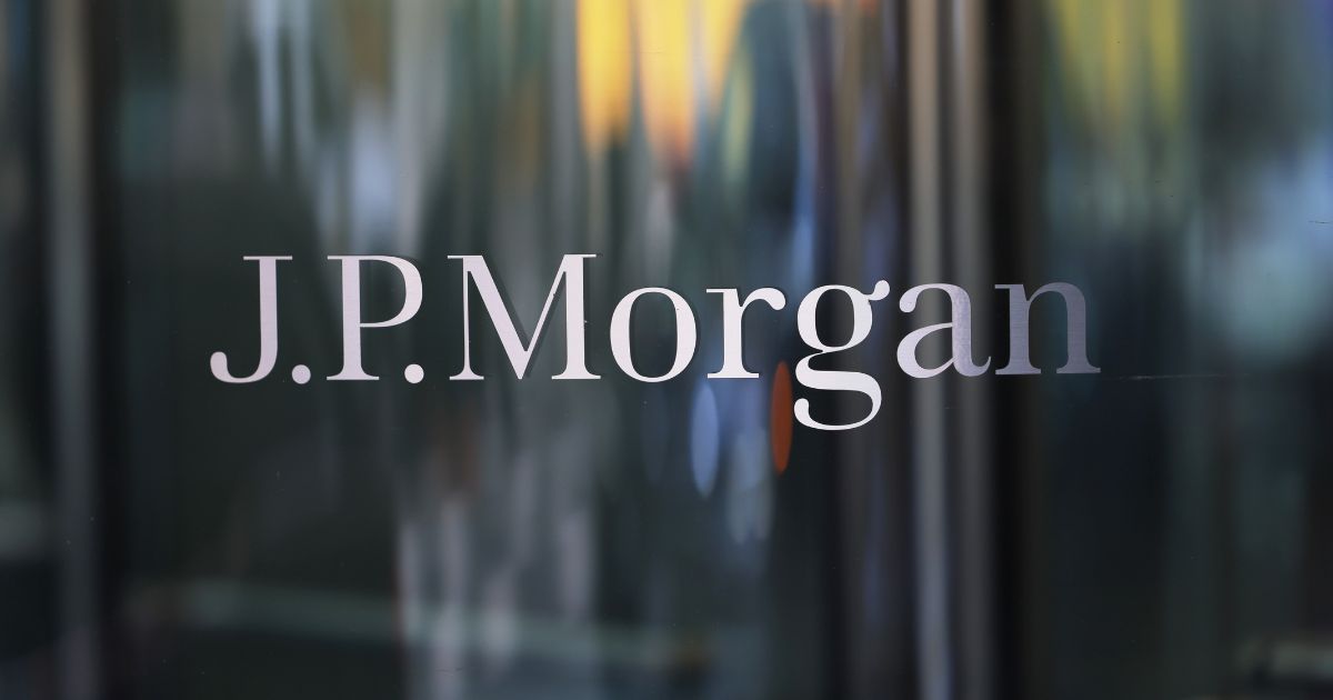The JPMorgan Chase logo is seen at their headquarters building on May 26 in New York City.