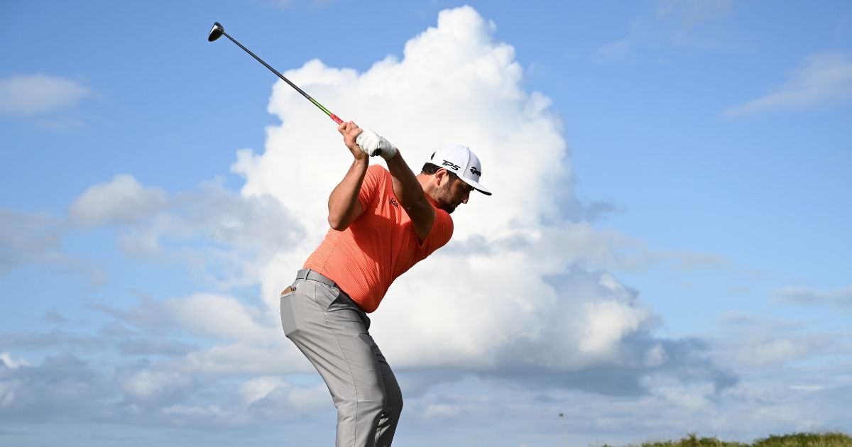 Jon Rahm of Spain tees off the 14th during the first round of the 148th Open Championship held on the Dunluce Links at Royal Portrush Golf Club on July 18, 2019 in Portrush, United Kingdom.