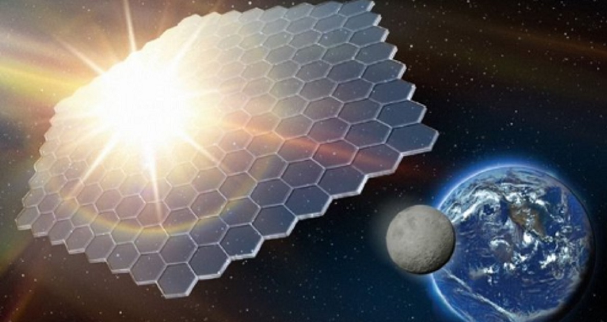 An artist's rendition of a huge screen in space blocking the sun's ray's from earth.