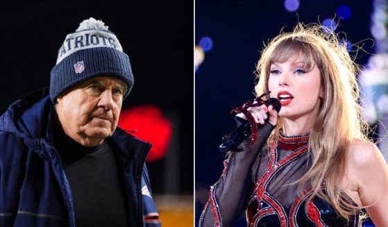 New England Patriots head coach Bill Belichick, left, was asked about pop star Taylor Swift.