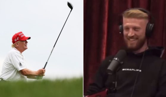 Former President Donalt Trump golfs in an August file photo, left; right, Ultimate Fighting Championship middleweight Bo Nickal.