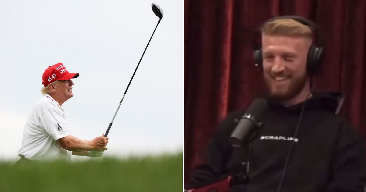 Former President Donalt Trump golfs in an August file photo, left; right, Ultimate Fighting Championship middleweight Bo Nickal.