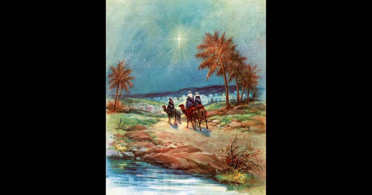 Vintage illustration of the Three Magi following the North Star towards Bethlehem; screen print, 1940s-1950s.