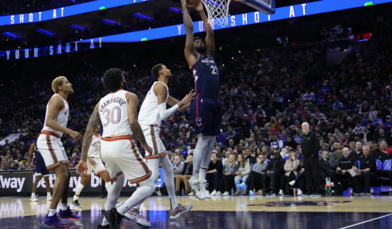 Philadelphia 76ers Joel Embiid dunks during Monday night's game against the San Antonio Spurs in Philadelphia.