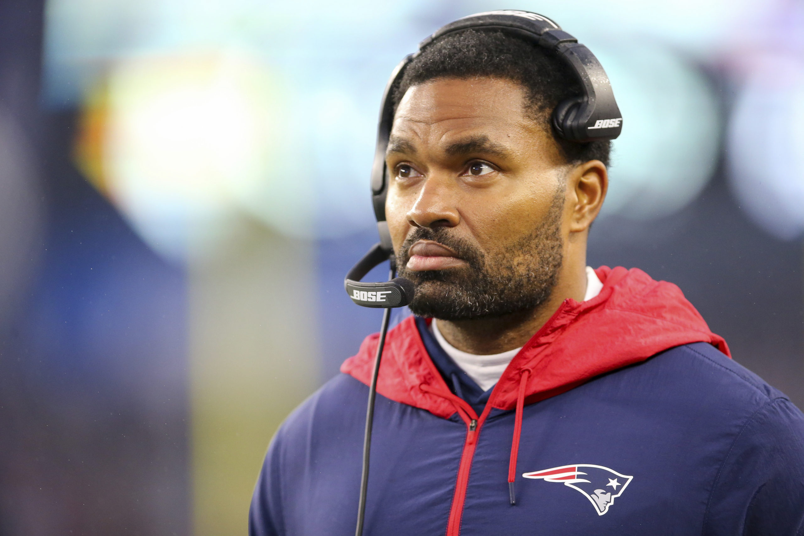 New England Patriots assistant coach Jerod Mayo watches from the sideline during a game against the Jacksonville Jaguars on Jan. 2, 2022, in Foxborough, Massachusetts.