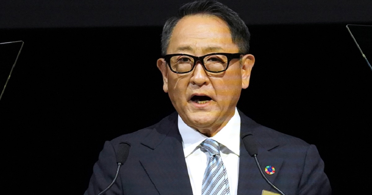Akio Toyoda, chairman of Toyota Motors, is pictured speaking in an October file photo from the Japan Mobility Show in Tokyo.
