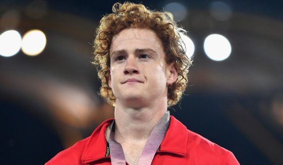 Silver medalist Shawn Barber of Canada looks on during the medal ceremony for the men's pole vault during the Gold Coast Commonwealth Games at Carrara Stadium on the Gold Coast, Australia, on April 12, 2018.