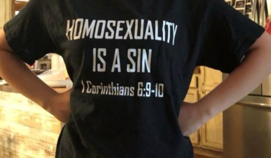 Brielle Penkoski's T-shirt reads, "Homosexuality is a Sin -- 1 Corinthians 6:9-10."