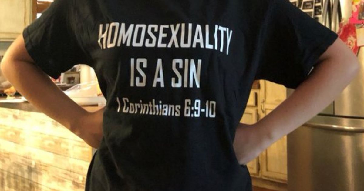 Brielle Penkoski's T-shirt reads, "Homosexuality is a Sin -- 1 Corinthians 6:9-10."
