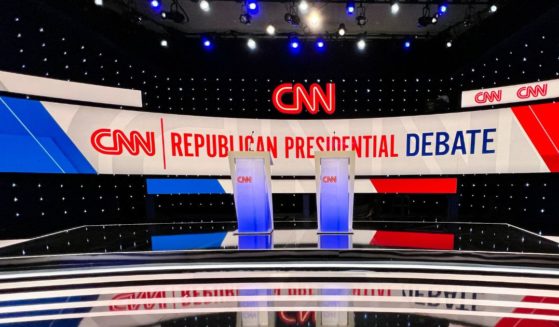 The stage is set prior to the start of the presidential debate hosted by CNN and moderated by journalists Dana Bash and Jake Tapper at Drake University in Des Moines, Iowa, on Jan. 10.